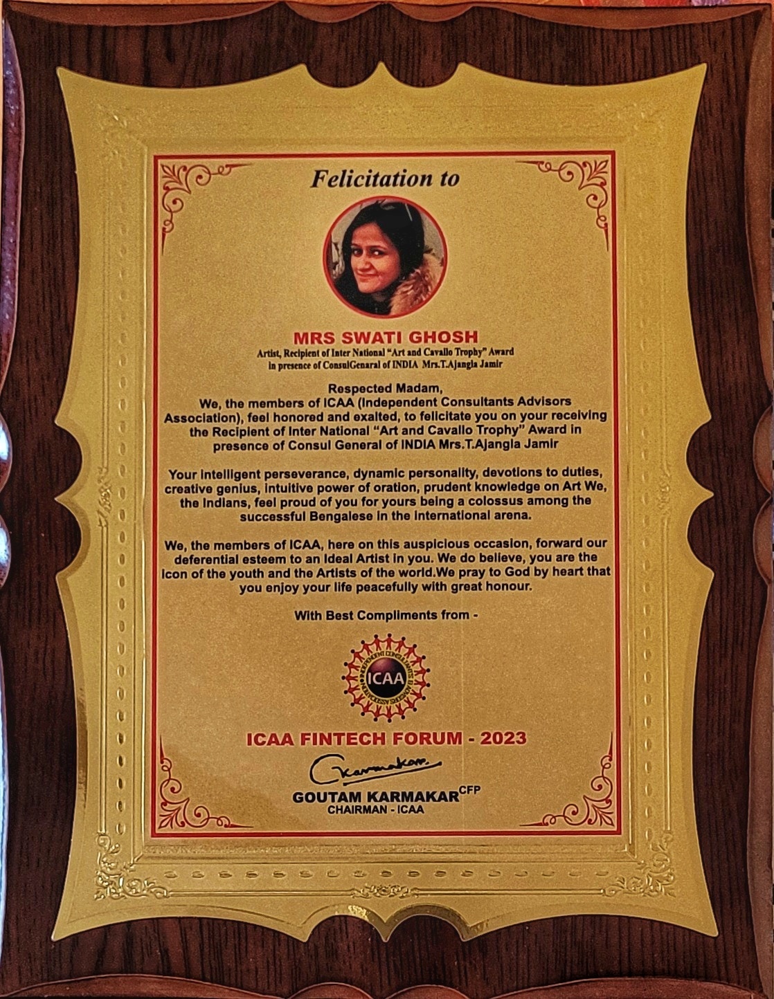 Felicitation by ICAA at 'Indian Chambar of Commerce' ICC